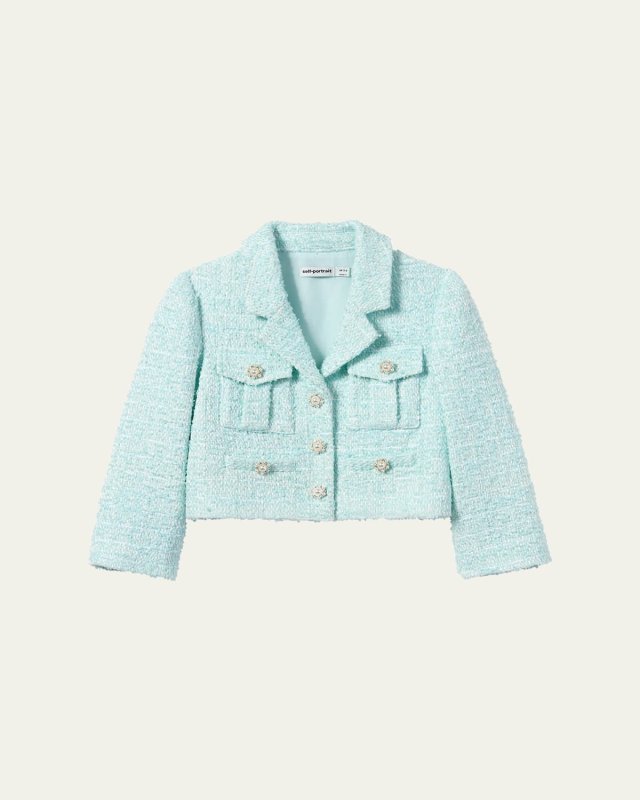 Girl's Boucle Flower Button Jacket, 3T